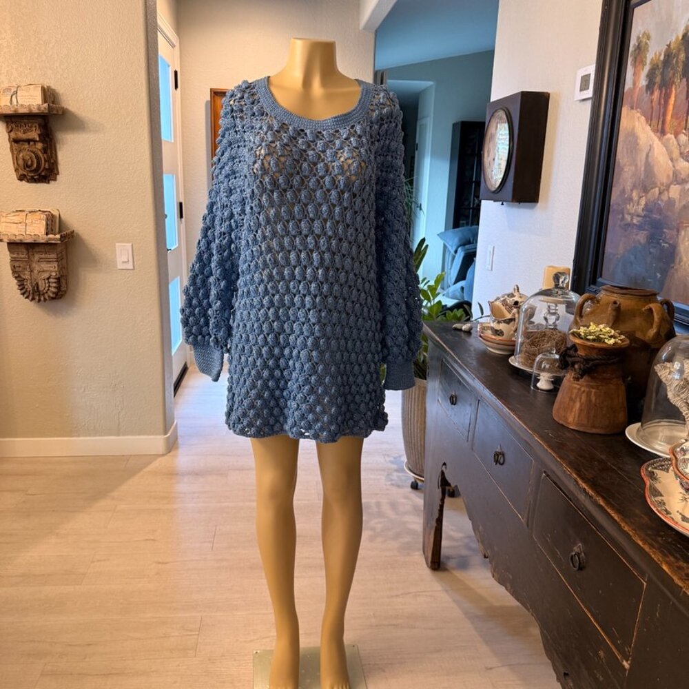 Maggie de Soto VON SAKEN Blue Knit Long Puffed Sleeve SWEATER DRESS